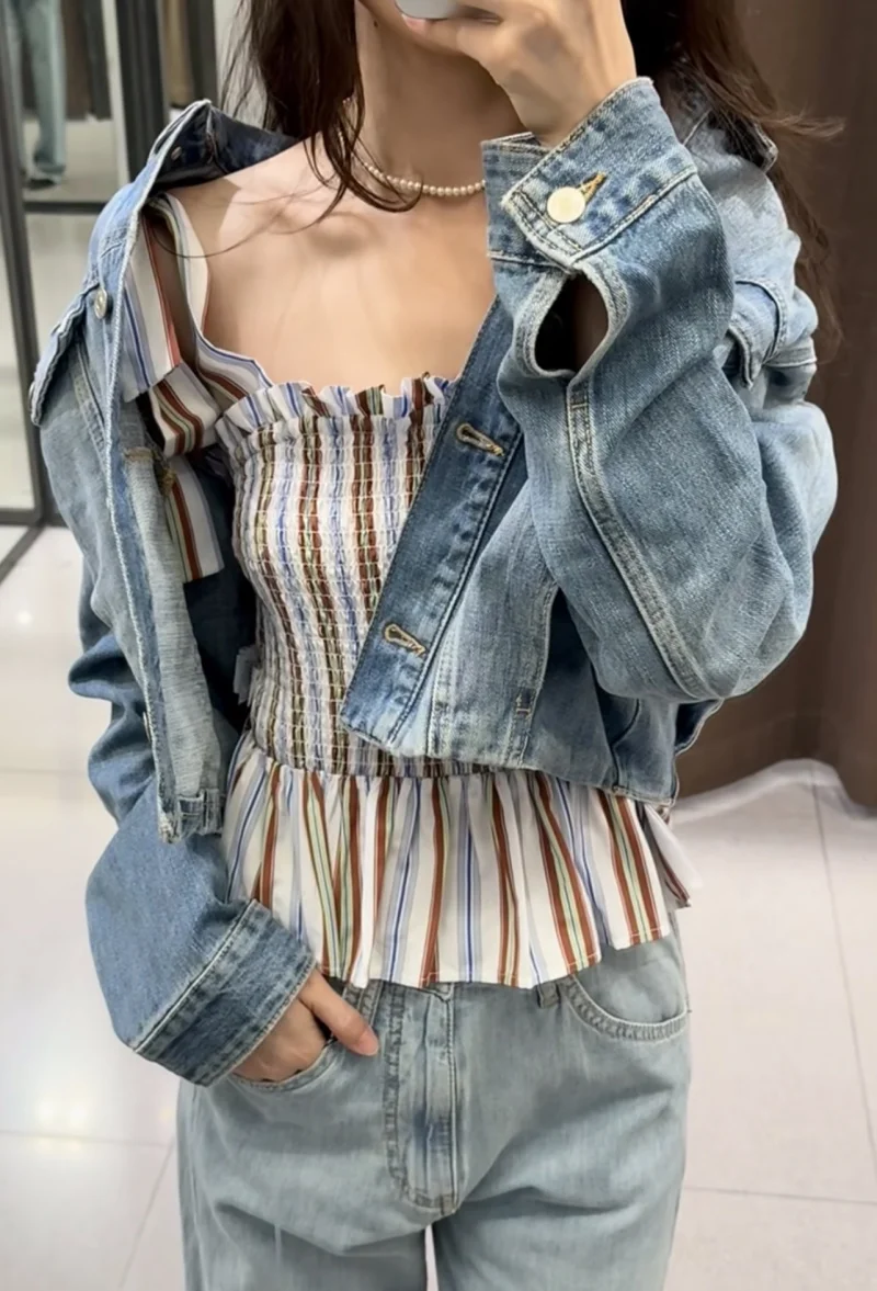 ETJ 2026 Vintage Striped Tank Top Women Sleeveless Smocked Bustier Tie Strap Crop Top Y2K Aesthetic Summer