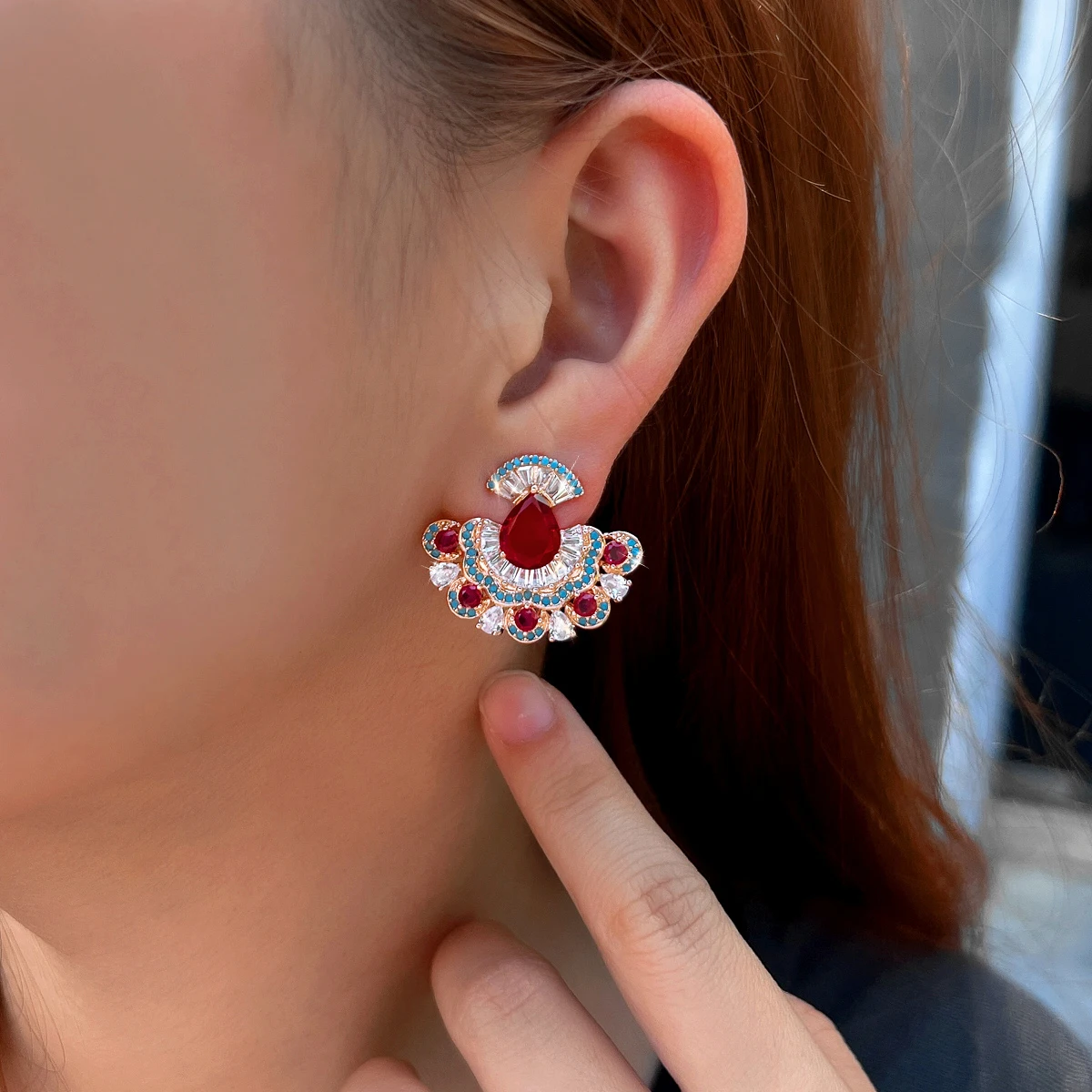 BeaQueen Vintage Red CZ Zircon and Blue Turquoise Big Sector Design Drop Earrings for Women Bohemian Wedding Party Jewelry E1178
