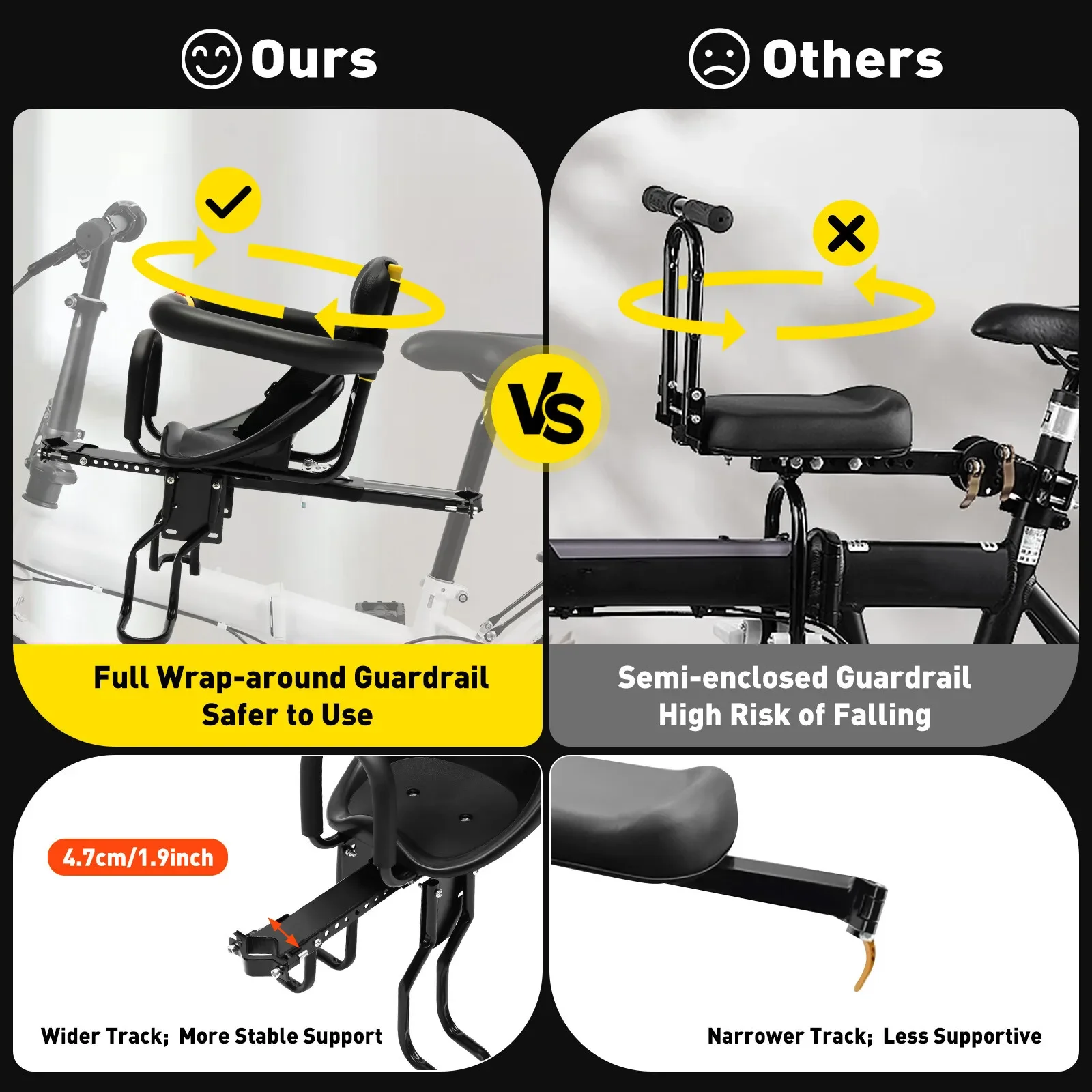 مقعد دراجة أطفال أسود، مقعد دراجة جبلية عالمي مثبت على الأمام، مقعد أمان للدراجة مقعد أمان للأطفال قابل للتعديل، سعة تحميل 35 كجم بحد أقصى