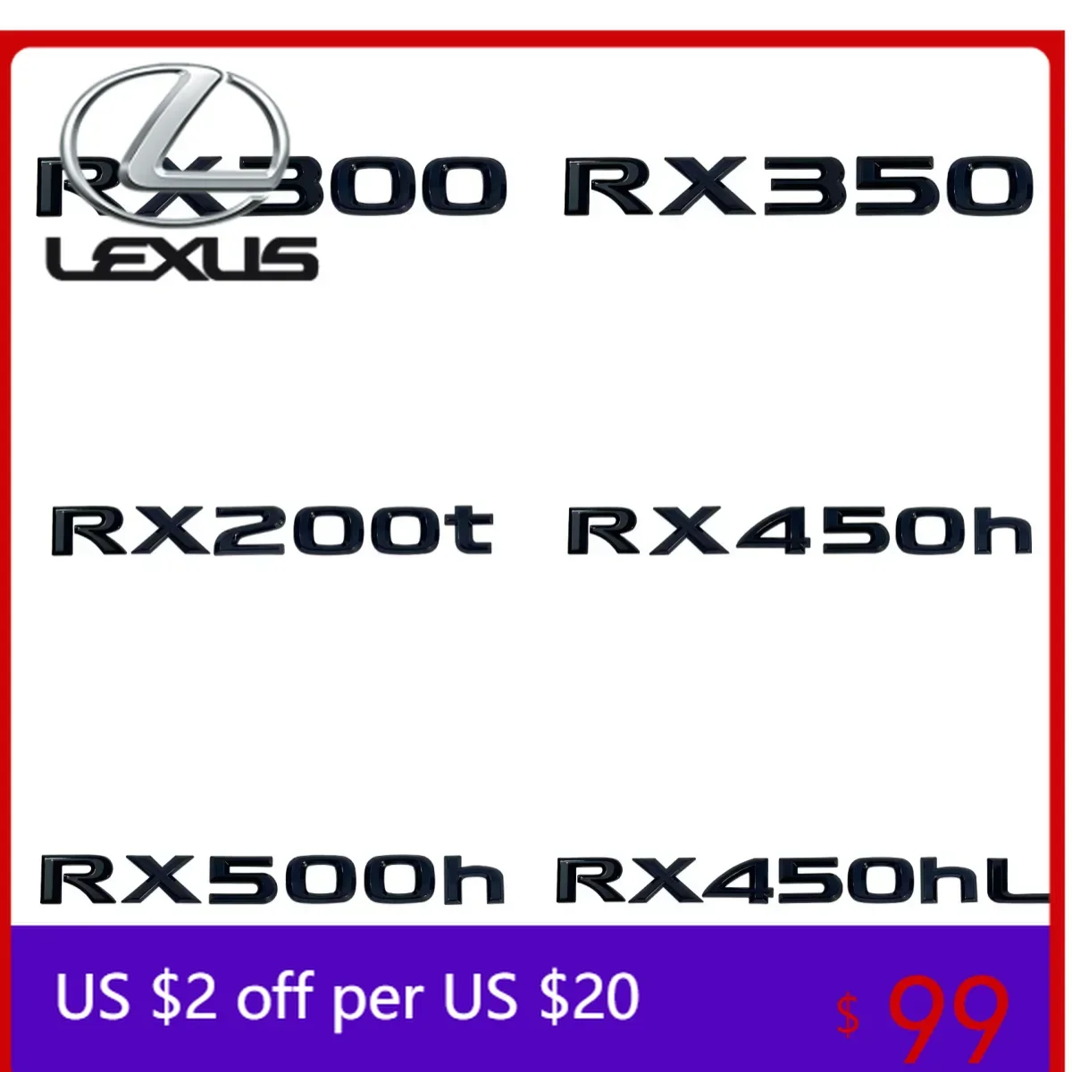 

Декоративные металлические буквы-эмблемы для задней части Lexus (RX300, RX350, RX350h, RX450h, RX450hl, RX500h, RX200t)