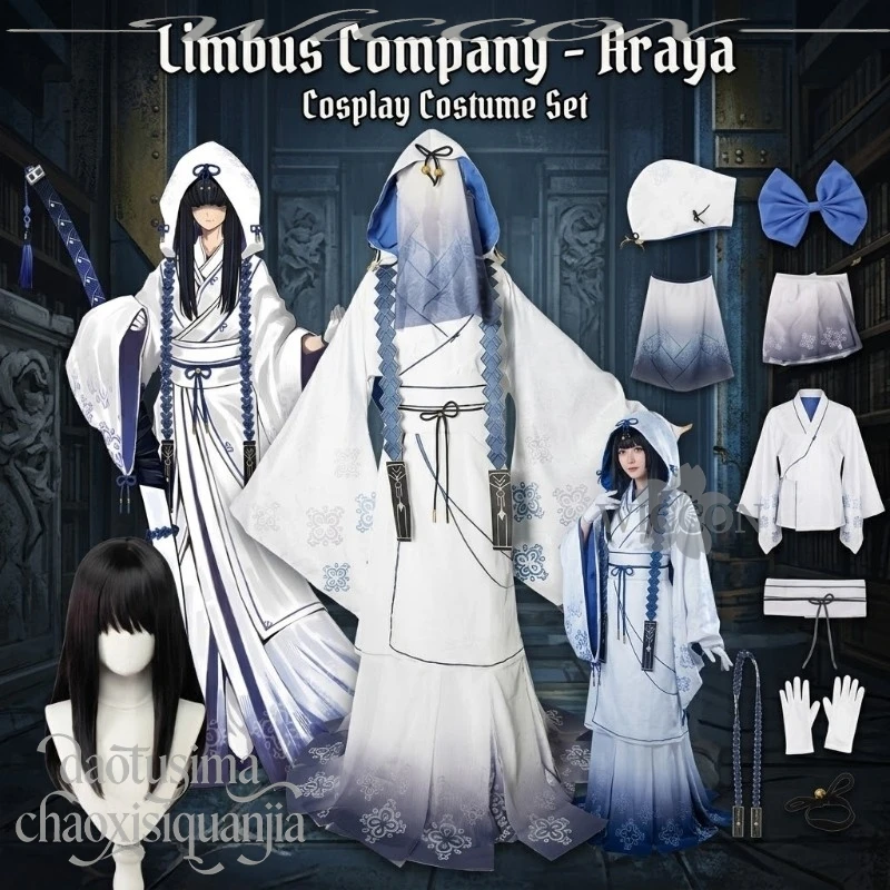Cosplay do jogo de anime Limbus Company, Araya, quimono japonês, vestido longo branco, padrão floral azul retrô, uniforme Miko, Halloween, 코스프레