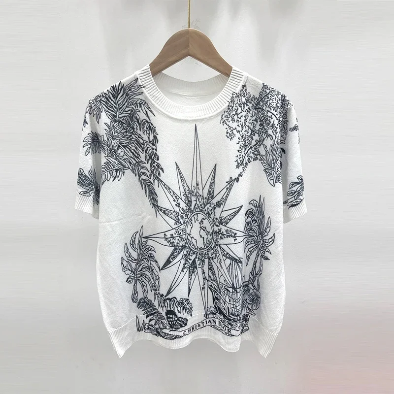 

New Summer Printed Knitted T-shirt Women Fashion O-Neck Short Sleeved Wool Pullover Top Office Casual Loose Blouse Knitwear
