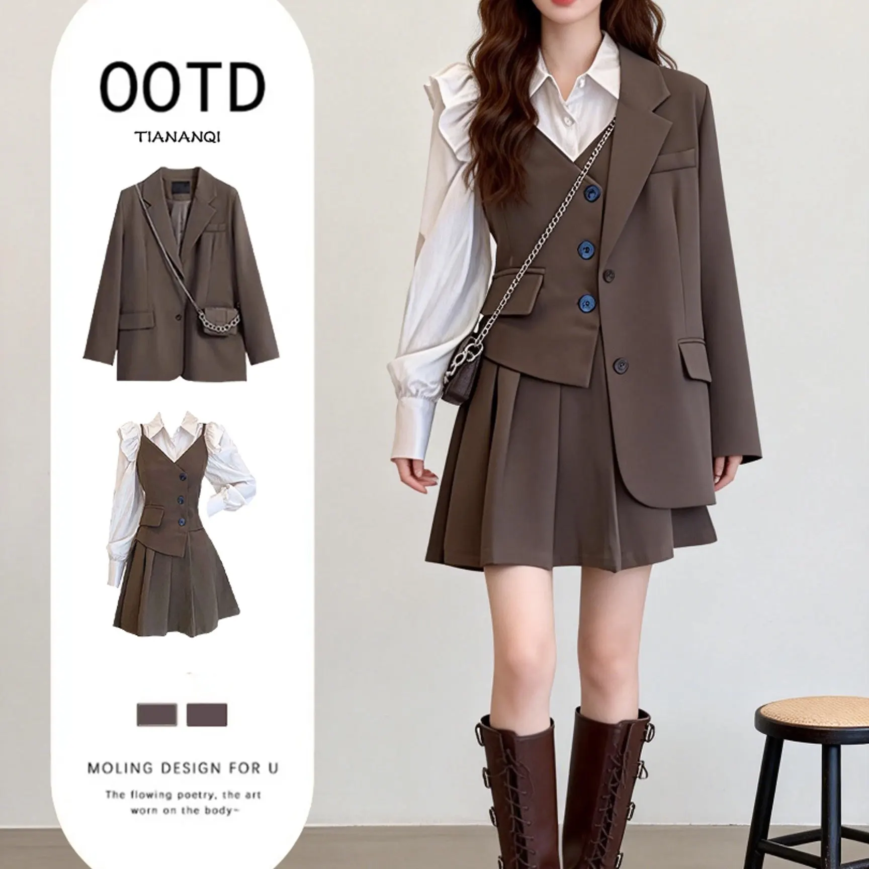 

Korean Sle Women's Profional Casual Suit Set Slimming irt Layered Vintage Dr Tee Piece Set High Waist Pants