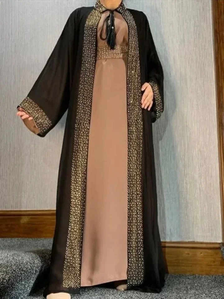 

Hot Selling Ramadan Rhinestone Cardigan Islamic Dresses With Pockets Kebaya Muslim Kimono Abaya Dubai Modest Clothing Women EID