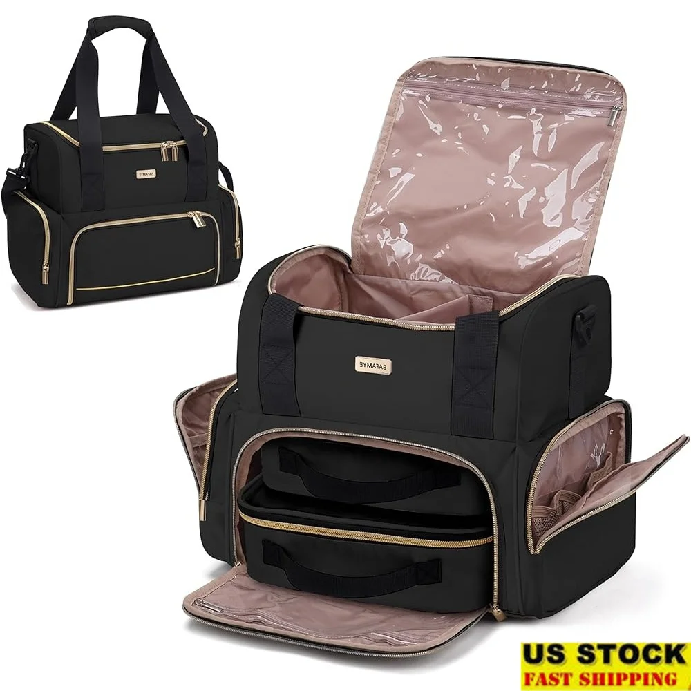 

Large Makeup Organizer Bag Double Layer Travel Cosmetic Case with 2 Removable Storage Pouches Multi Pocket Toiletry Bag Women