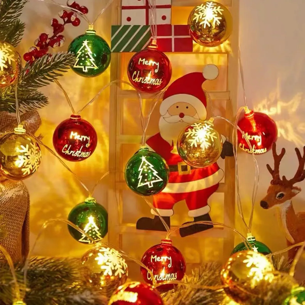 1pc 10/20 LED Christmas Ball String Lights Hollow Globe String Lights Printed “Merry Christmas”Battery Operated Fairy Lights