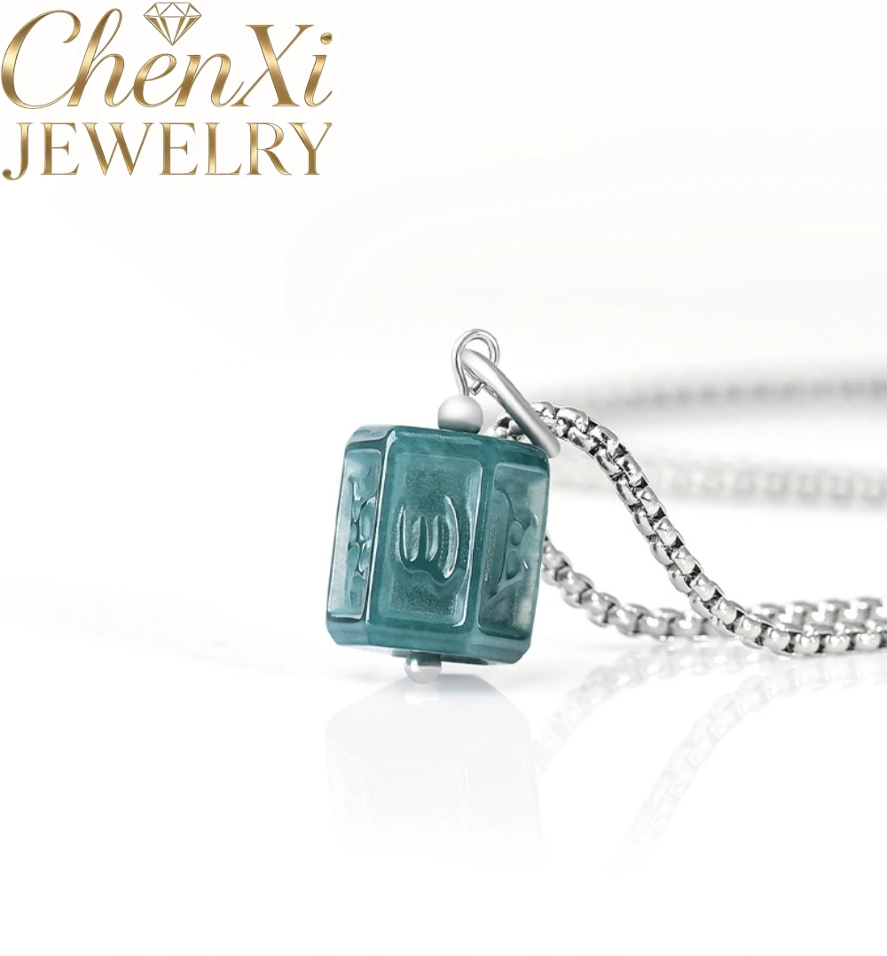 Genuine Natural Grade A Ice Blue Water Jadeite Pendant Six Word Mantra S925 Silver Unisex Fashion Neck Jewelry Daily Wear Gift