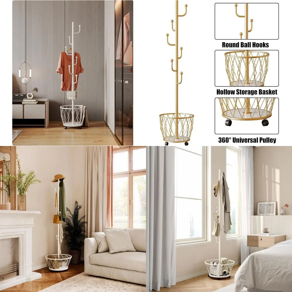 

Стильная белая металлическая вешалка для одежды с 6 крючками и корзиной для домашнего хранения