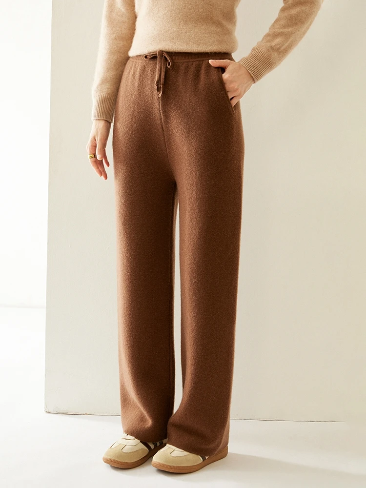 

ADDONEE Women 100% Cashmere Straight-leg Pants Autumn Winter Autumn Winter Soft Warm Casual Style Trousers Cashmere Knitwear