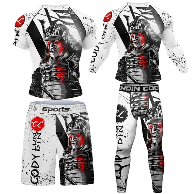 Nowi mężczyźni Rashguard MMA T-shirt + spodnie spodenki MMA 4 sztuk/zestaw brazylijski Grappling Jiu Jitsu Bjj koszulki bokserskie wysypka Guard odzież sportowa