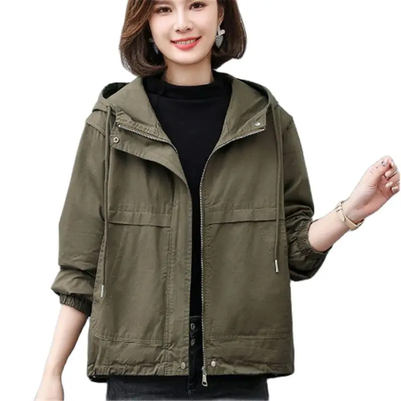 

Spring Autumn Short Windbreaker Women 2023New Loose Drawstring Hooded Trench Coat Fashion Pocket Outwear Pure Colour Tops Female