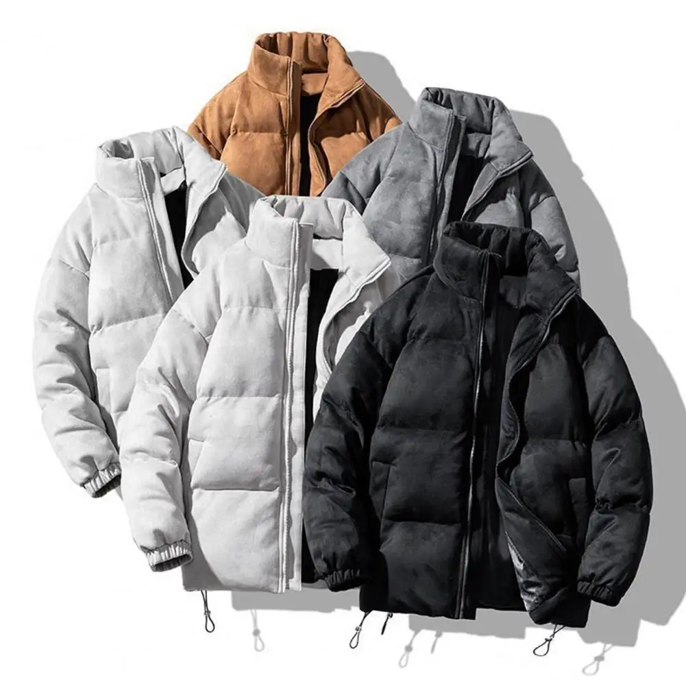 Casaco de algodão masculino cor sólida zíper carcela gola alta parkas camurça camada de superfície cordão hem outerwear para o inverno