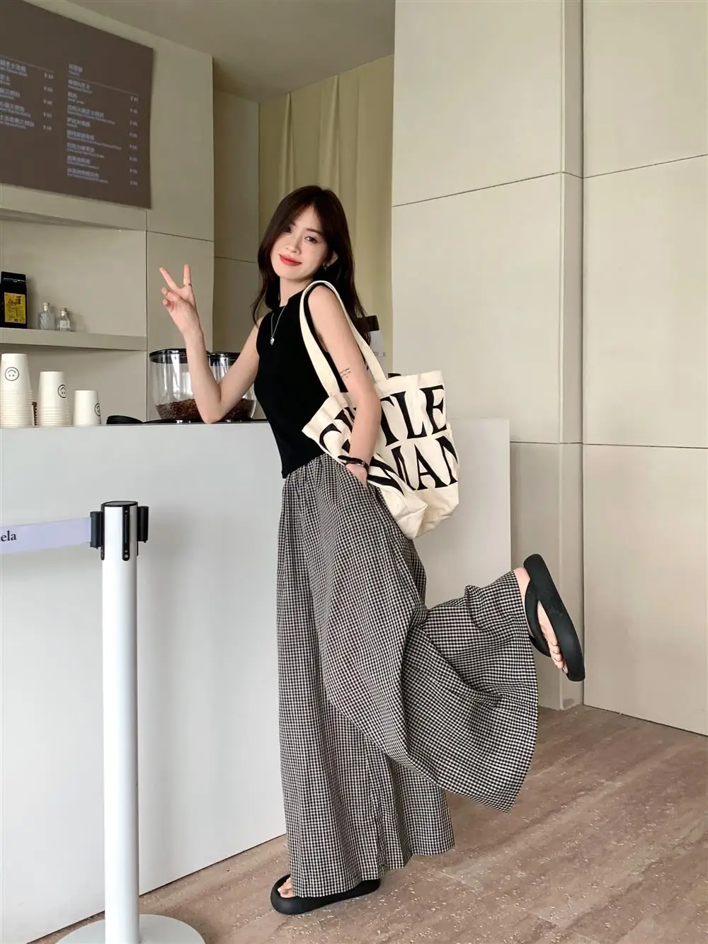 150 Short slouchy little plaid big swing culottes Women's summer cotton hemp high waist loose wide leg pants xs show height