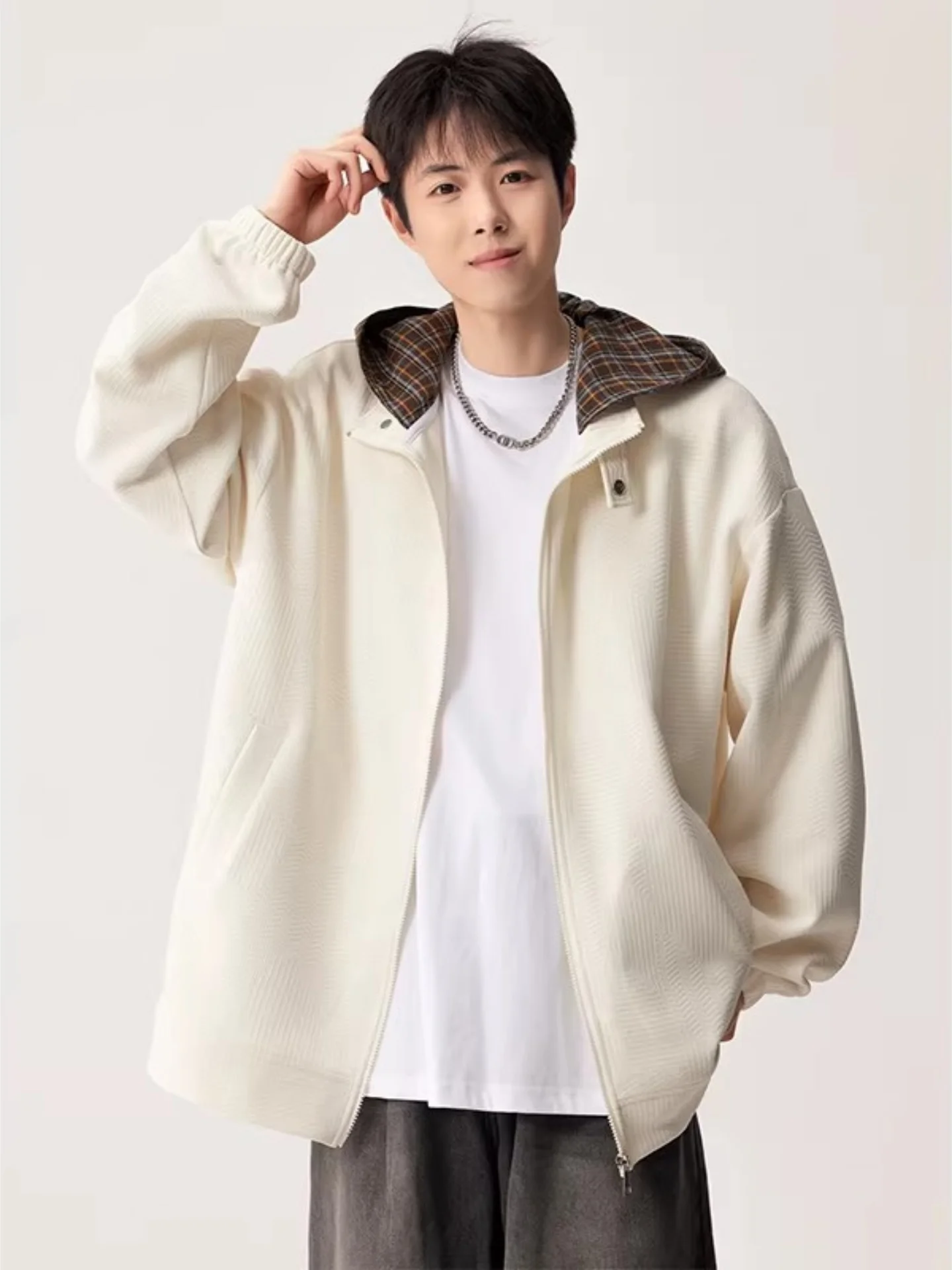 

Men's Plaid Texture Patchwork Hooded Jaet Loose Casual Outerwear Spring Cleanfit Versatile Top American Sle Loose Fit