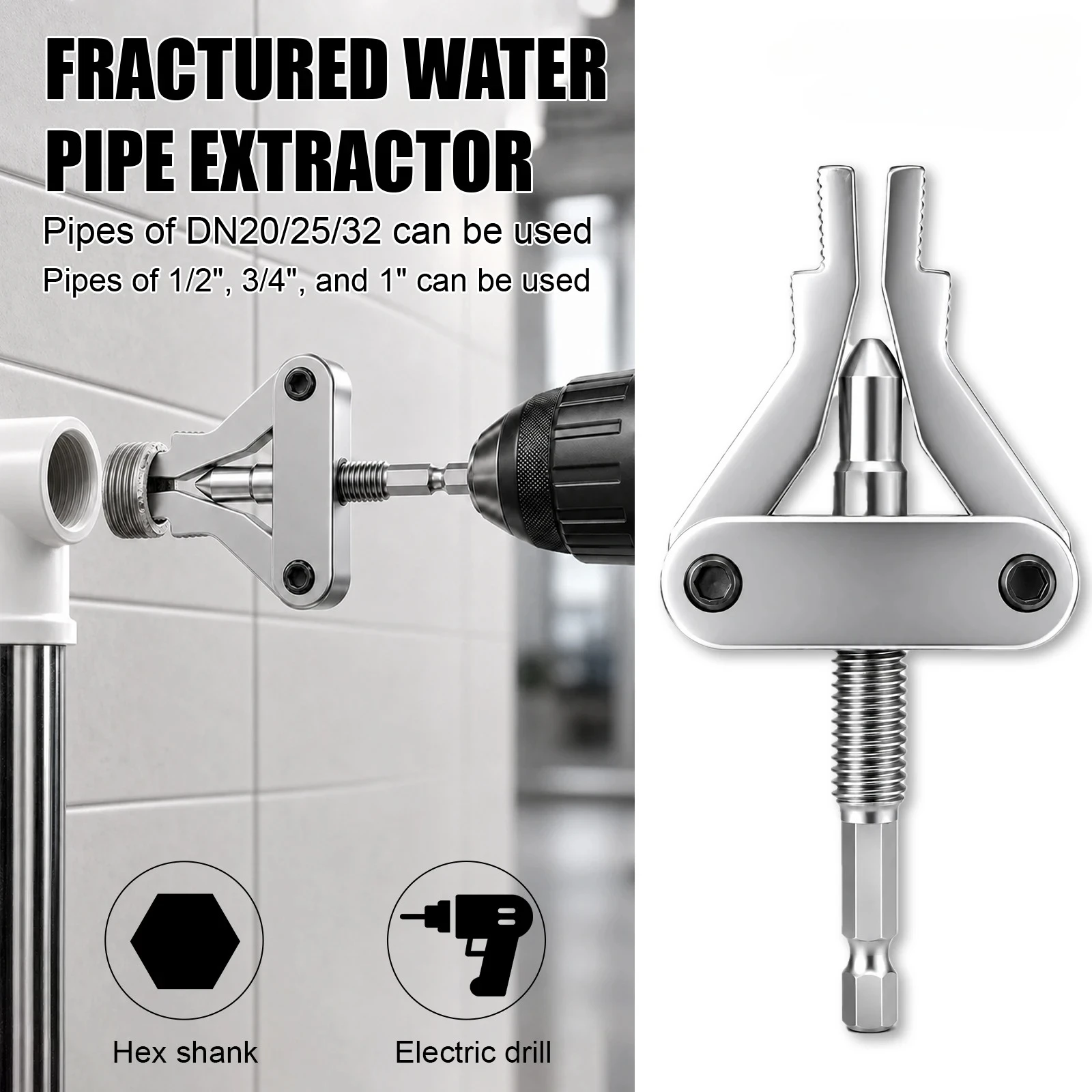 Pipe Extractor Tool Broken Thread Puller Hex Shank Power Drill for PPR PVC Plastic MPP Pipes DN20/25/32 1/2″ 3/4″ 1″ Inch