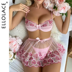 Ellolace Pure Desire Heart Valentine Lingerie Luxury Embroidery Tulle Skirt Attractive Chest Suspenders Romantic Sexy Girl Set