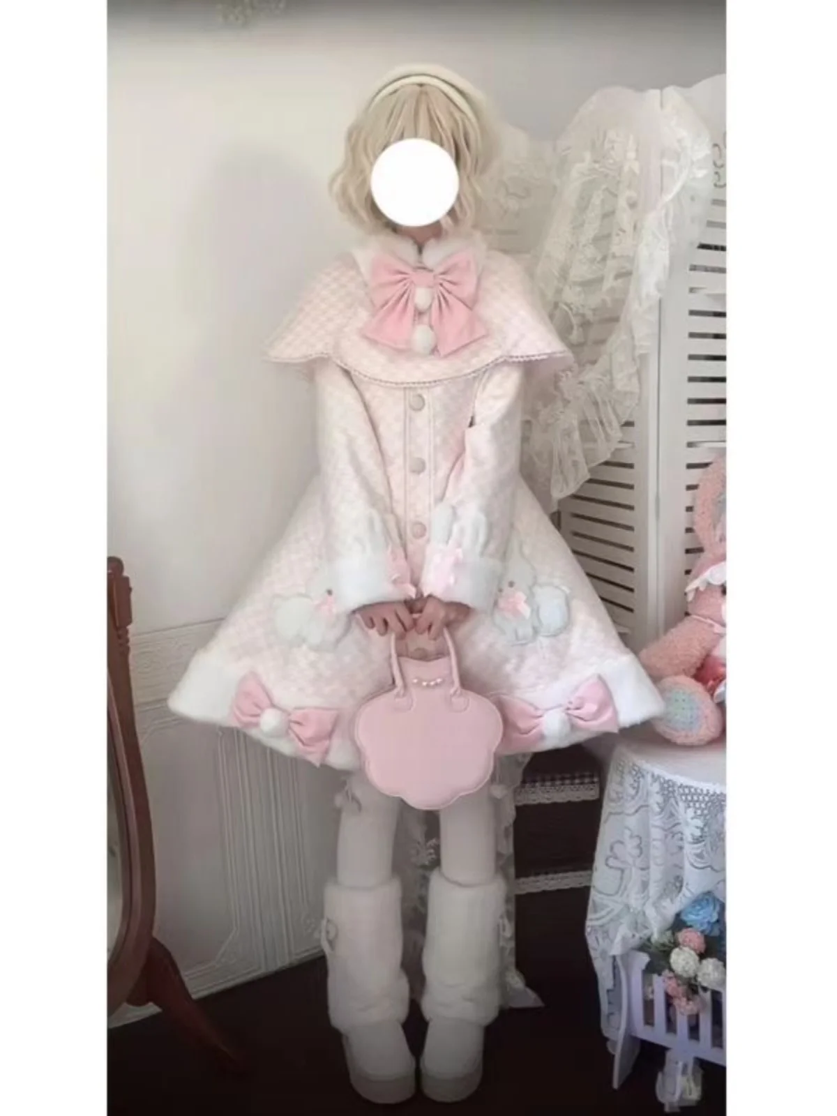 

Sweet Cute Lolita Dr Pink Cotton Blend Long Sve Zipper Two Piece Set with Cloak And Bow Detail Ideal for Winter Faion