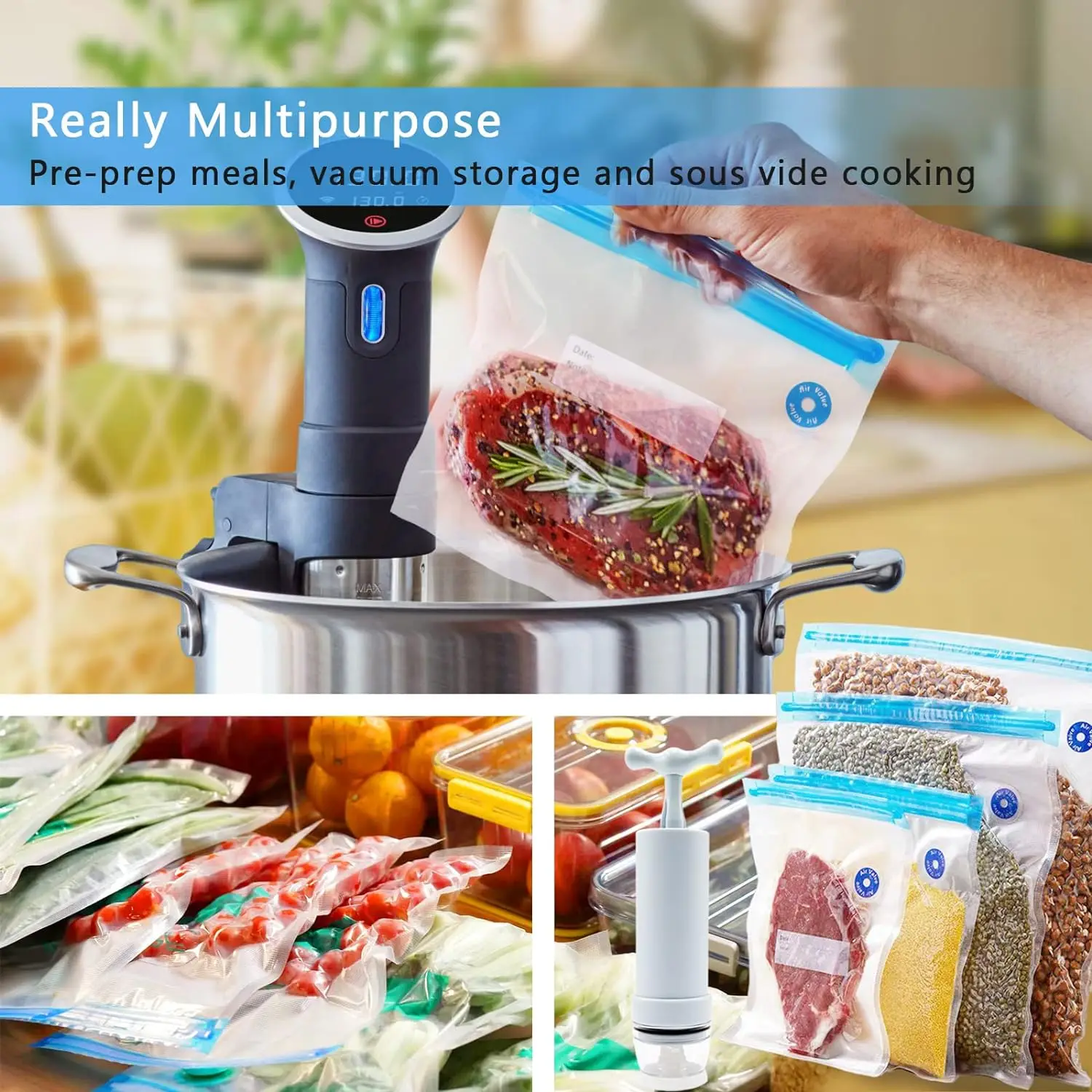 Reusable Vacuum Sealer Bags Vacuum Food Storage Bags Freezer Safe Vacuum Food Storage Bags with USB Pump and Clips