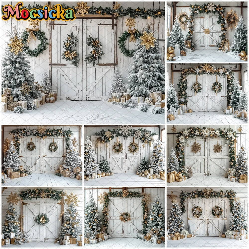 

Mocsicka Christmas Photography Background Winter Snow Xmas Tree White Door Decoration Happy New Year Party Photo Backdrop Banner