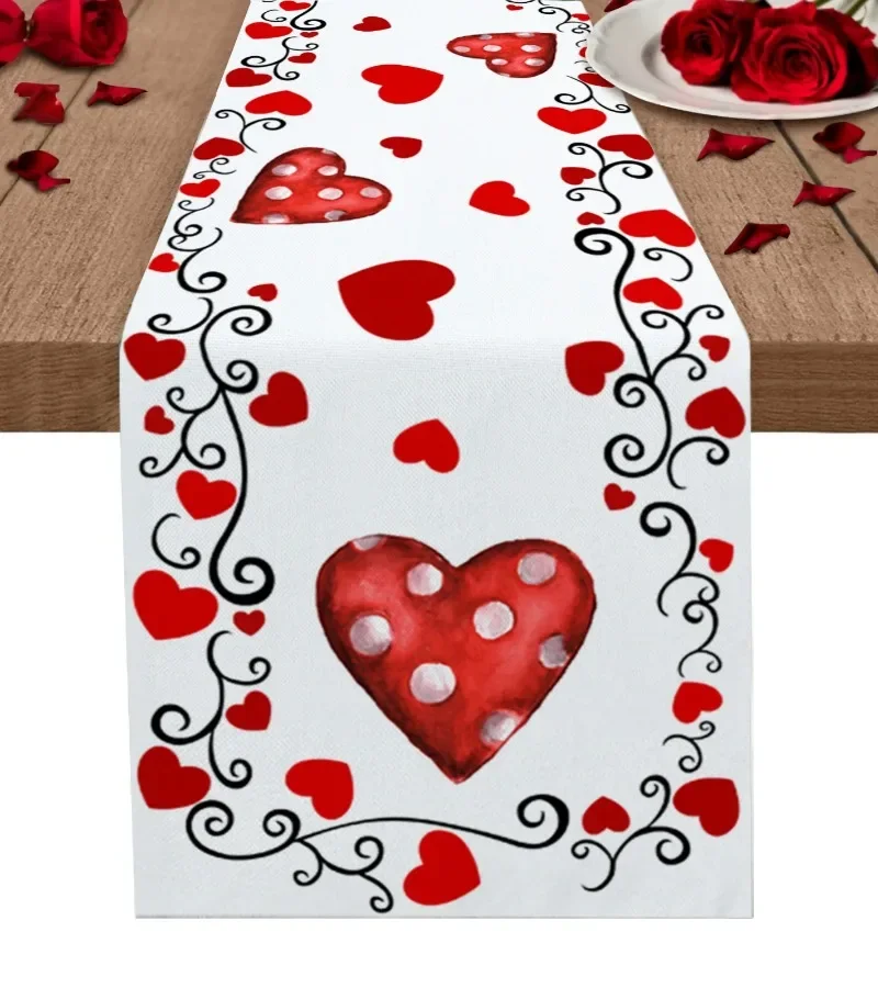 Valentine'S Day Red Heart Flower Pattern Custom Table Runner Wedding Dining Decor    Holiday  cloth