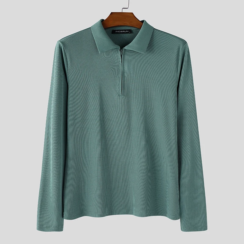 

INCERUN Men Shirt Solid Color Lapel Long Sleeve Zipper Casual Men Clothing Streetwear 2025 Knitted Fashion Unisex Shirts S-3XL