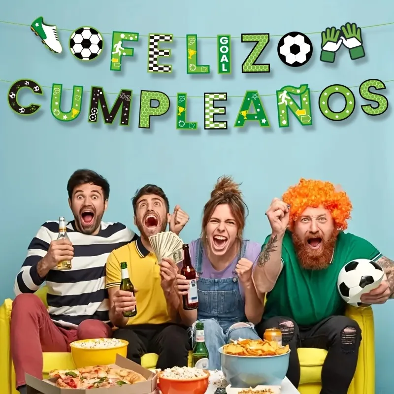 Feliz Cumpleanos Banner, Spanische Fußball-Themen-Girlande mit Fußball, Stollenschuhe und Handschuhen für Jungen-Partydekoration – Detail 3