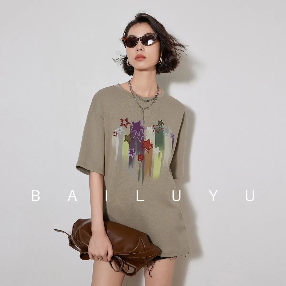 LOUIS YAO Women T-shirt 2024 Summer New Round Neck Short Sleeve Loose Fit Casual Drop Shoulder Sleeve Print Fashionable Chic Top