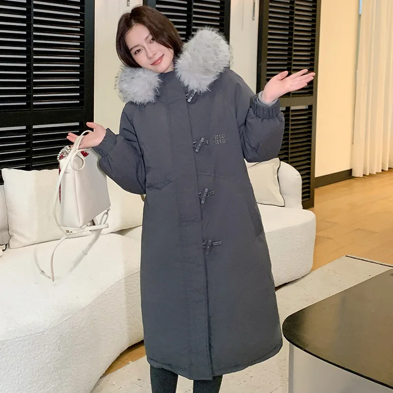 Knee Length Coat Women Parkas Coats Hooded Zipper Jackets Fur Collar Thick Warm Y2k Streetwear Elegant Jacket Autumn Winter 2025