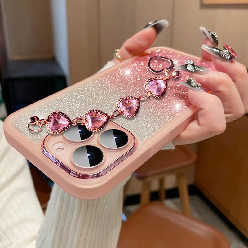 Mi11T Luxury Heart Glitter Bracelet Case For Xiaomi Mi 11T 13T 12T 9T 12 13 11 10T Lite 5G Poco M3 X3 X5 F5 Pro Shockproof Cover