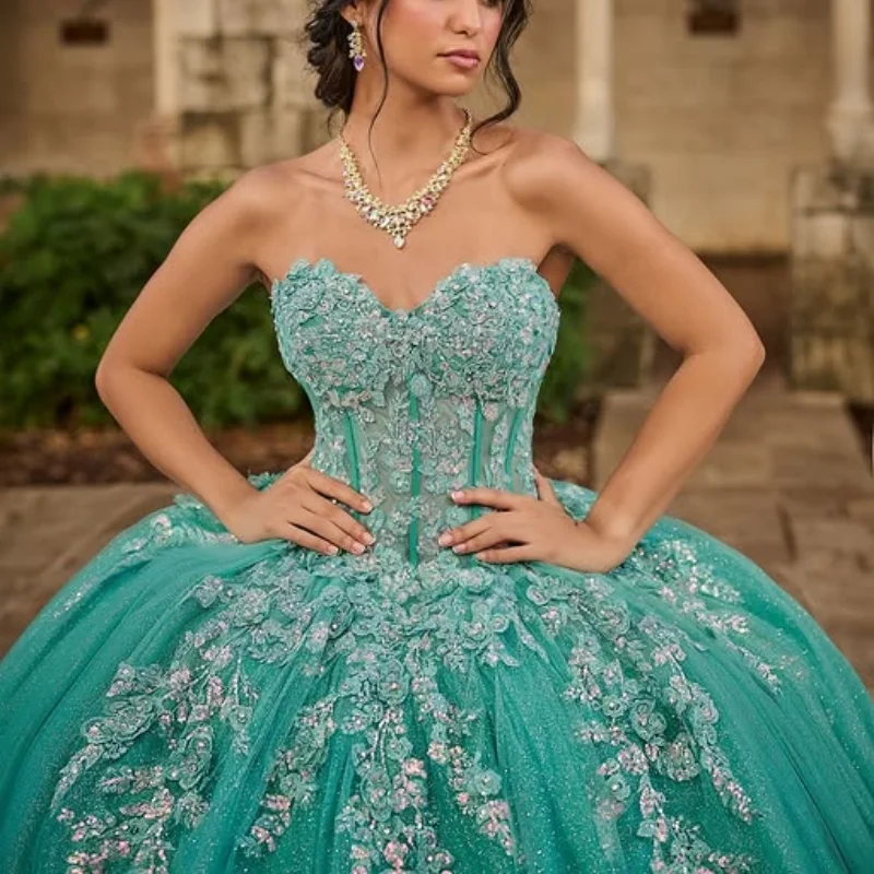 

Customized Shiny cyan Quinceanera Dresses Off the Shoulder glitter crystal decal Long tail Vestido 15 Quinceanera