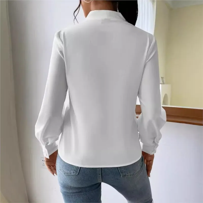 Elegant Women\'s Spring And Autumn Long Sleeved Shirt V-neck Solid Color Loose Blouse Top 2024 Fashionable Office Casual Shirt