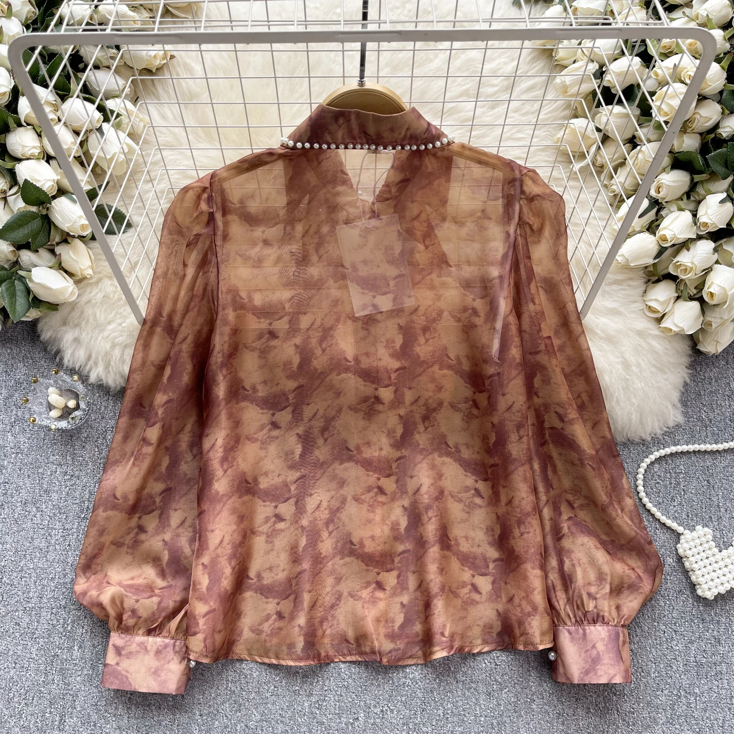 Vintage Rhine Stone Lantern Long Sleeve Blouse Slim Elegant Fashion Crop Top Sexy Spring Summer Women Shirt