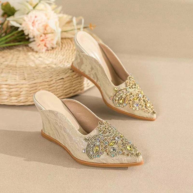 

Slope Heeled Lace High Heels, 2023 Summer New Pearl Rhinestone Bow Tie Baotou Half Slippers, Women's High Heel Sandals