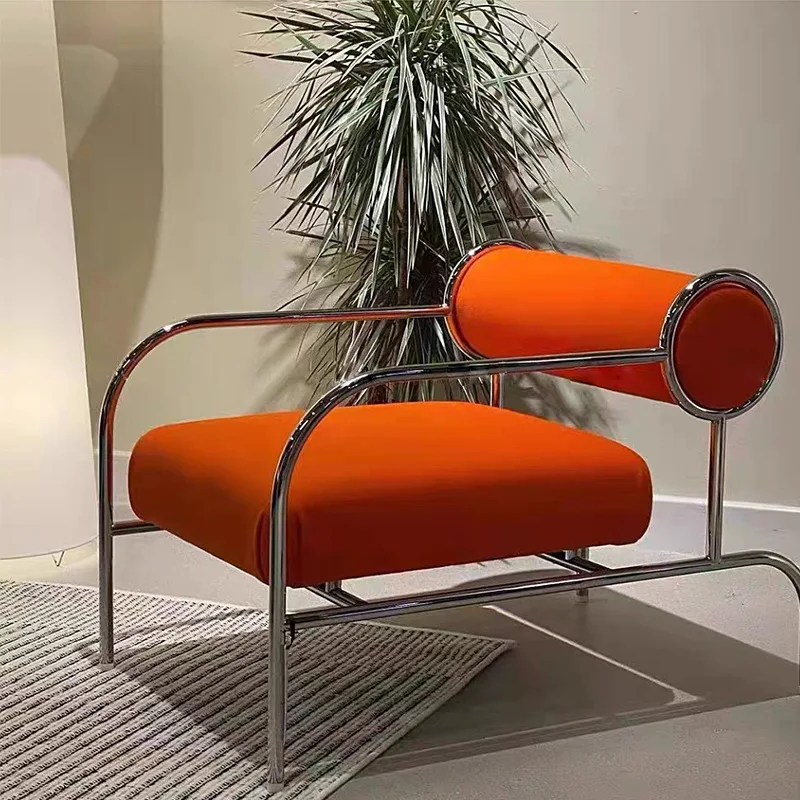 Nordic Italian minimalist metal backrest stainless steel recliner single sofa chair model room display chair