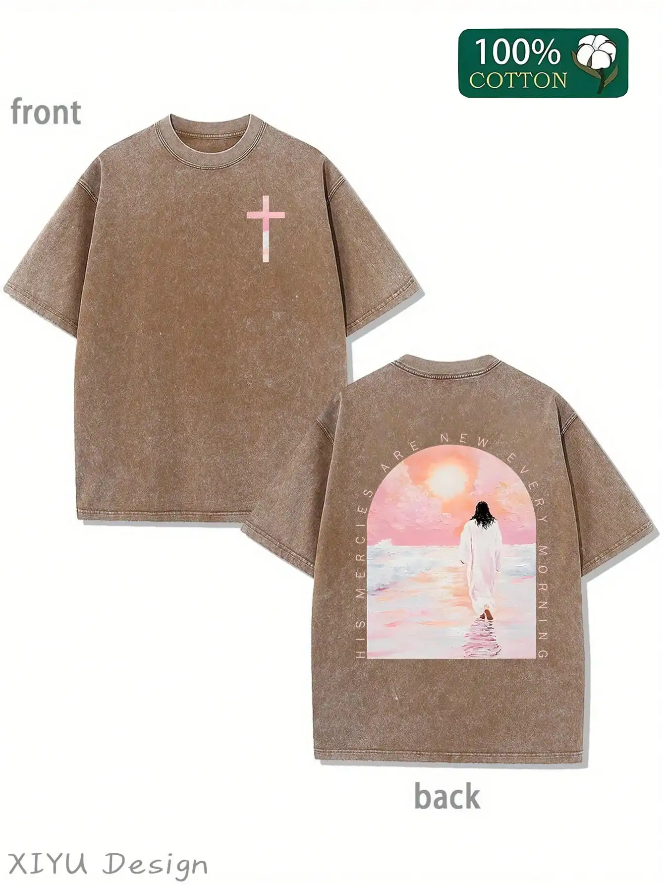 

Футболка из выстиранного хлопка с эффектом потертости, с принтом креста и изображением заката, свободного кроя, в стиле стритвир