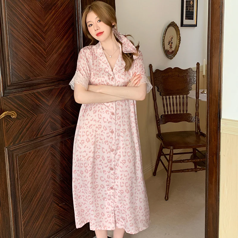 Pink Leopard Lace Flower Side Women\'s Nightdress 2024 New Simulated Silk Y2k Sleepskirt Short Sleeve Long Lady Summer Sleepdress