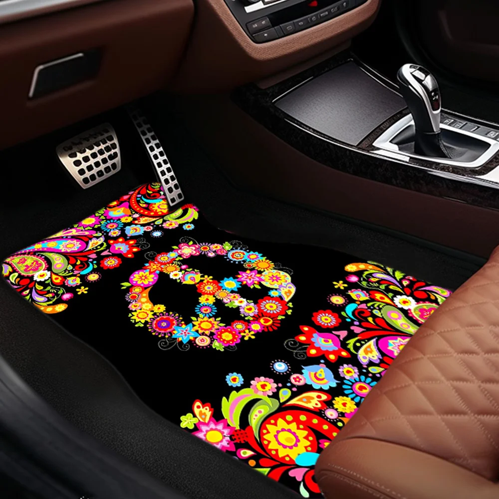 Peace Symbol Flowers Pattern Car Mats - Universal Fit For All Seasons, Comfortable And Durable, Suitable For Most Car Front And