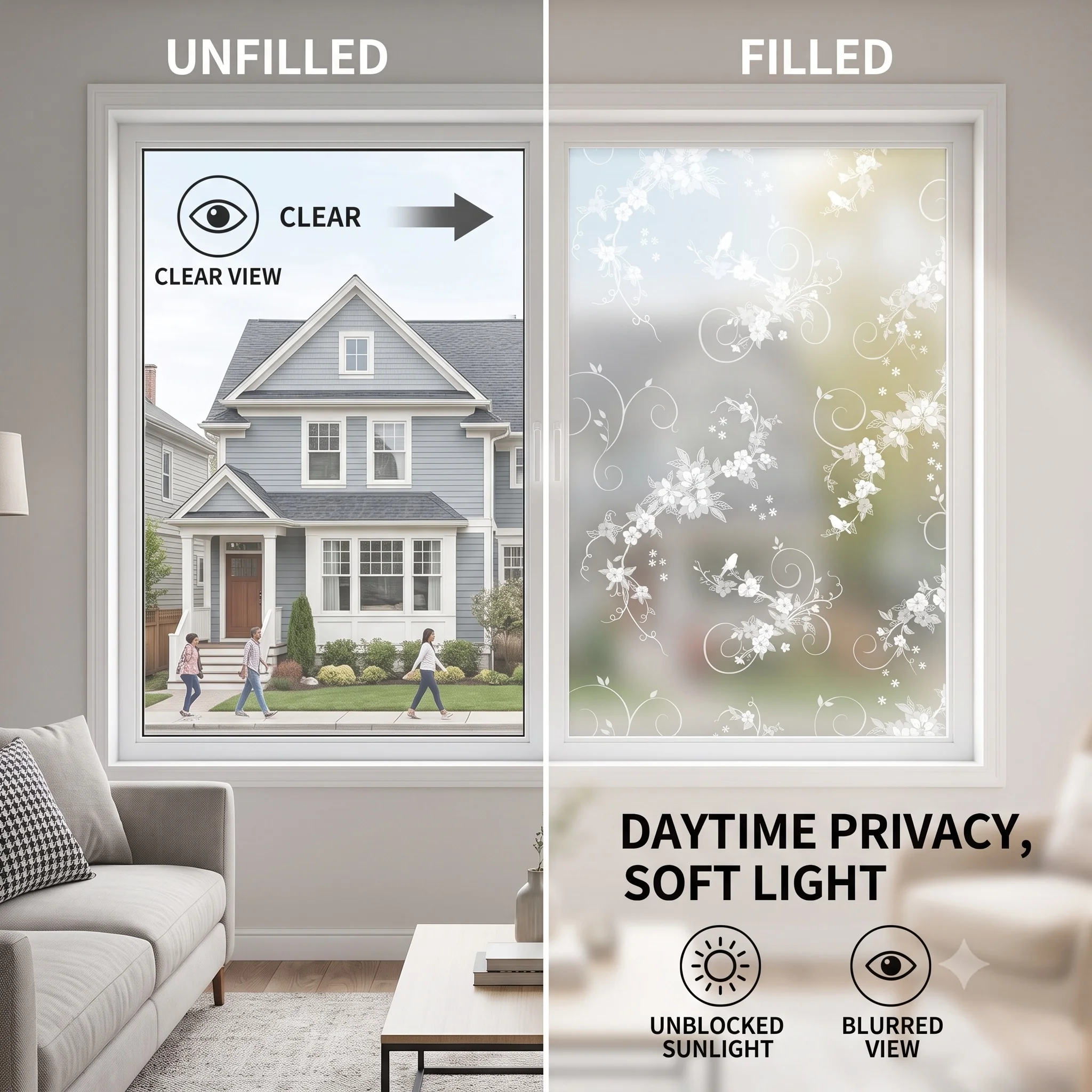 Floral Vine Frosted Self-Adhesive Window Film Privacy Glass Sticker Anti-UV Heat Control Waterproof Peel & Stick Bath Decal