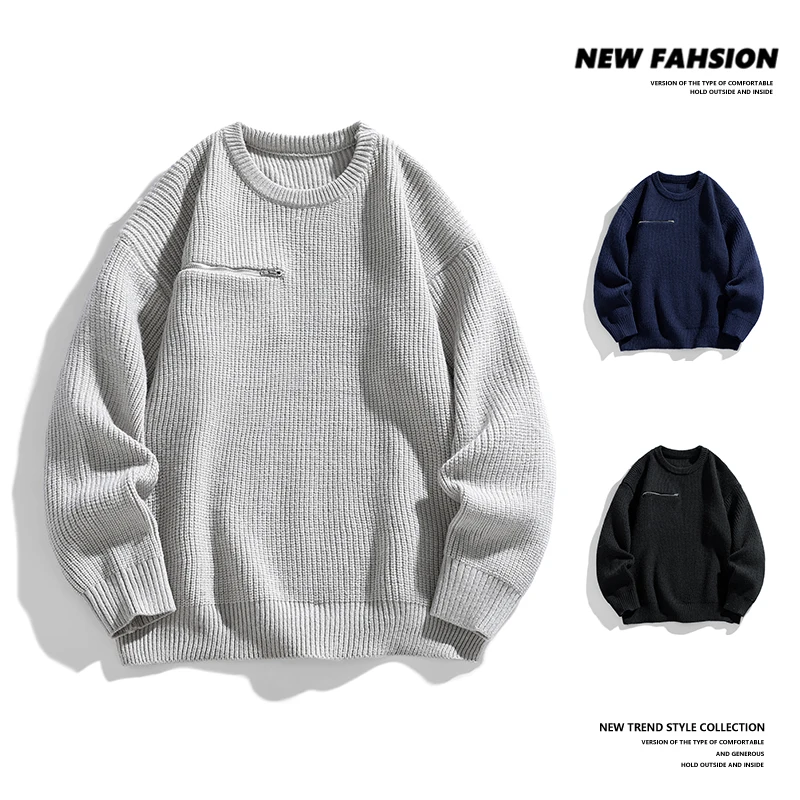 

Coarse Wool Textured Sweater with Zipper Pocket, Men's Knitted Sweater, Autumn and Winter Sweater Jacket, Men's 2025 Sweater