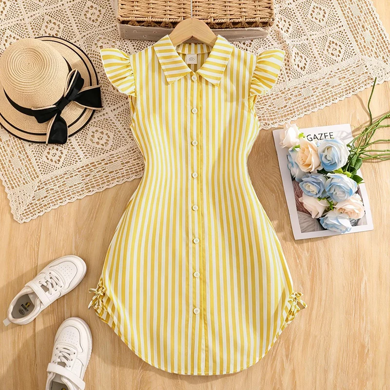 Blau-weiß gestreiftes Kleid für Mädchen von 8–12 Jahren, Hemdkragen mit Rüschenärmeln und gestreiftes Button-Down-Kleid mit seitlichen Bändern, lässige Kinderkleidung – Detail 12