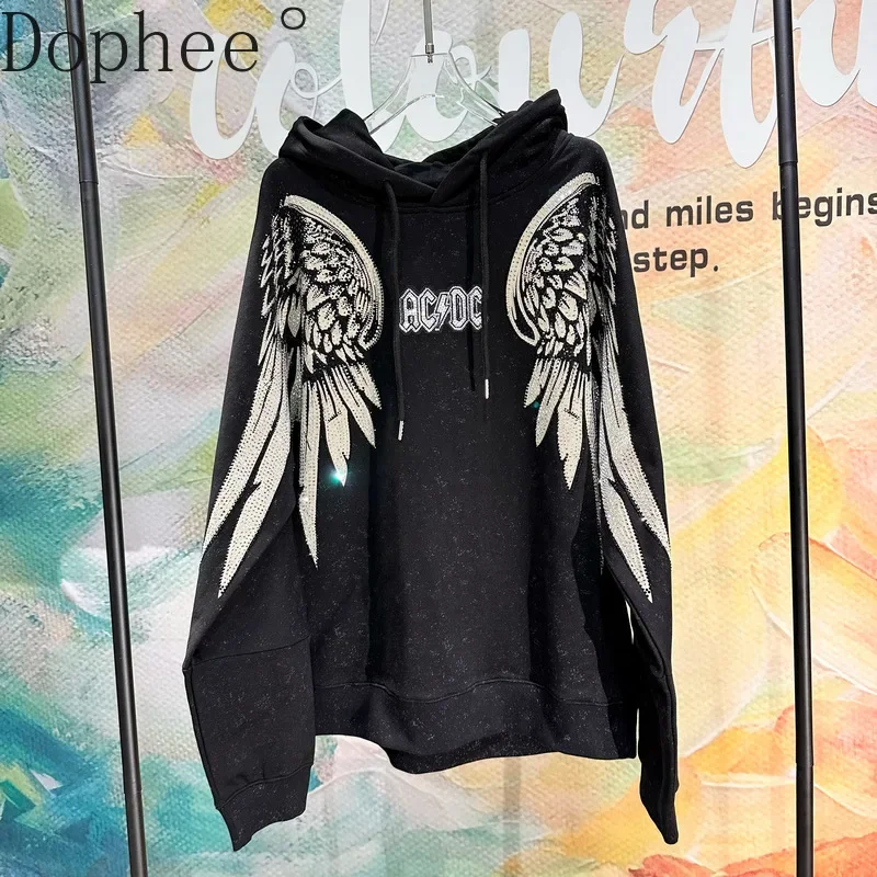 Trendy Spring Autumn Women Sweatshirt Oversize Hooded Pullover Top Streetwear Luxury Wings Hot Drilling Black Casual Hoodies