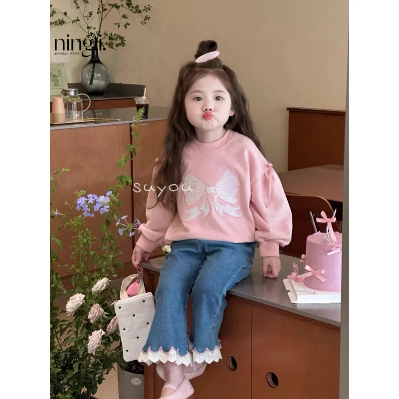 Children's Clothing2024Autumn New Korean Style Girls' Bowknot Embroidered Sweater Lace Trendy Jeans