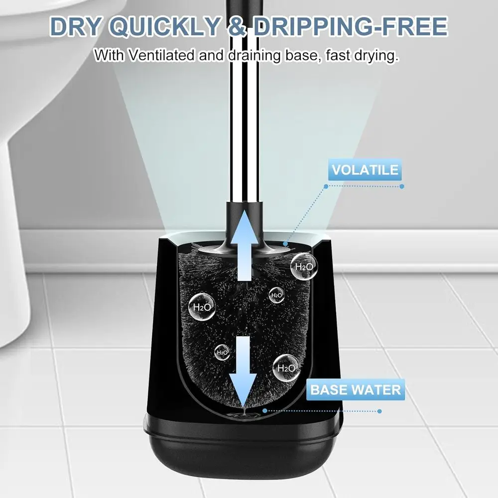 Closing Lid Toilet Bowl Brushes Holder and Extra Long Handle Ventilated Toilet Brush Set, Nylon Bristles, Black view 5