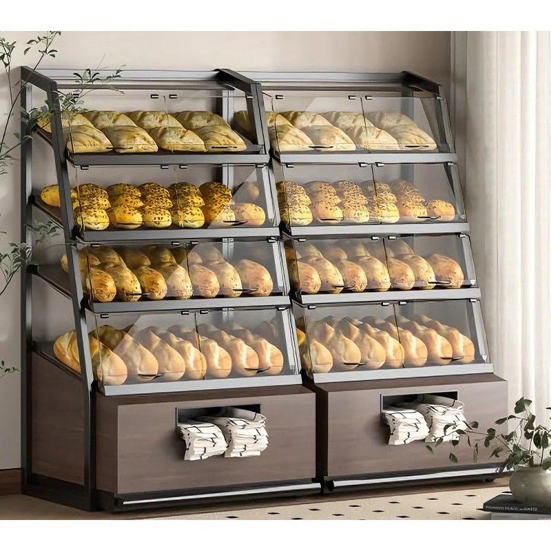 Factory Direct Custom Bakery Store Display Cabinet Standing Type Wood Metal Storage Display Racks Easy Cleaning