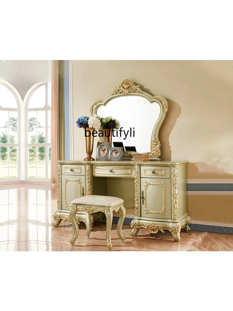 European-Style Solid Wood Dressing Table French Villa Bedroom High-End Master Carved Makeup Table Large Apartment Dresser Stool