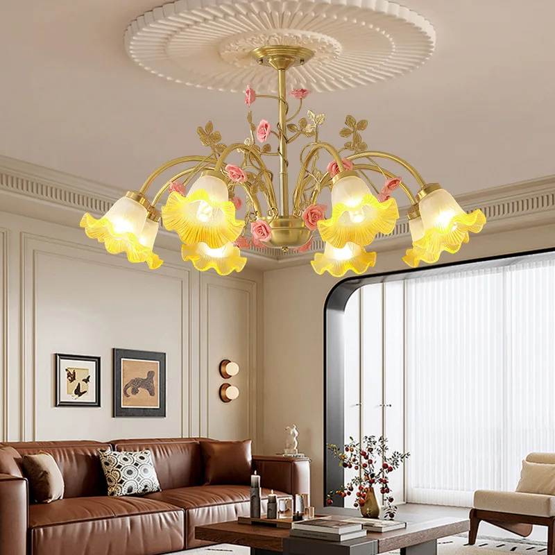 French Countryside Style Chandelier Ceramic Flower Design Pendent Lamp for Living Room Decoration Restaurant Bedroom LED Lights