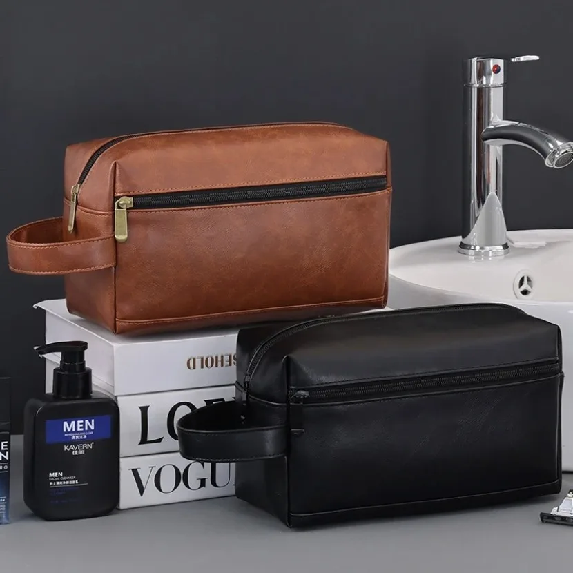 Waterproof PU Leather Men Makeup Bag Durable Cosmetic Bag Portable Travel Toiletry Organizer For Daily Business Trip Use