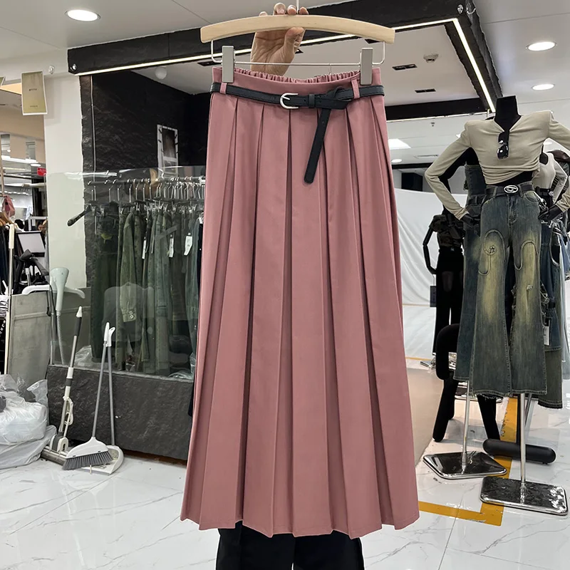 KUSAHIKI Korean Autumn 2023 College Style Pleated Skirt Fashion Elegant High Waisted with belt vausal Suit A-line Long Skirts