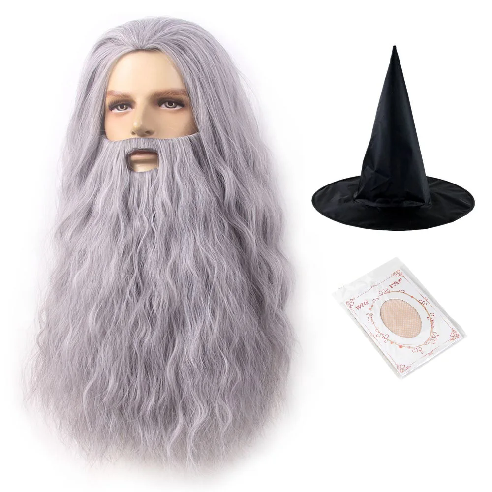 

Halloween Cosplay Wig Men's Wizard Warlock Sorcerer Long Gray Wig Medical Monk Wig Vking Old Man's Fake Mustache Wizard Hat