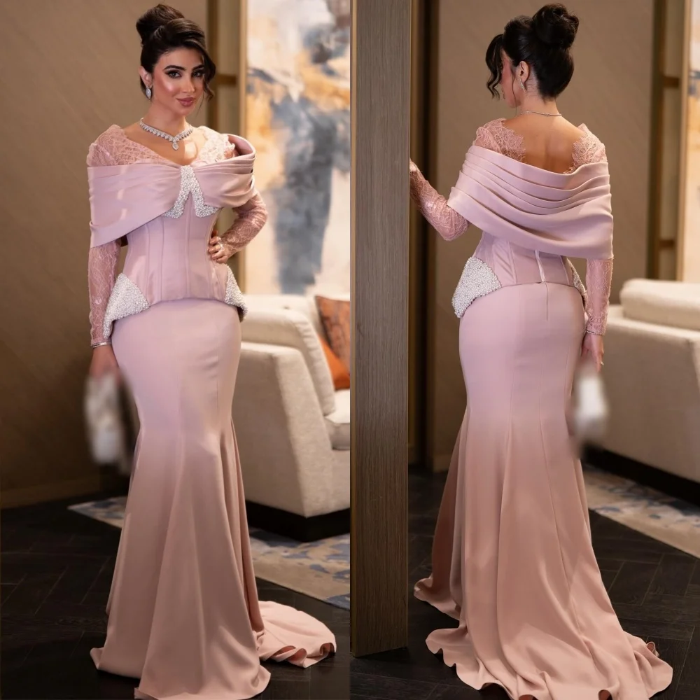 

Customized High Quality Jersey Pearl Pleat Trumpet V-neck Long Dresses Bespoke Occasion Intricate Elegant